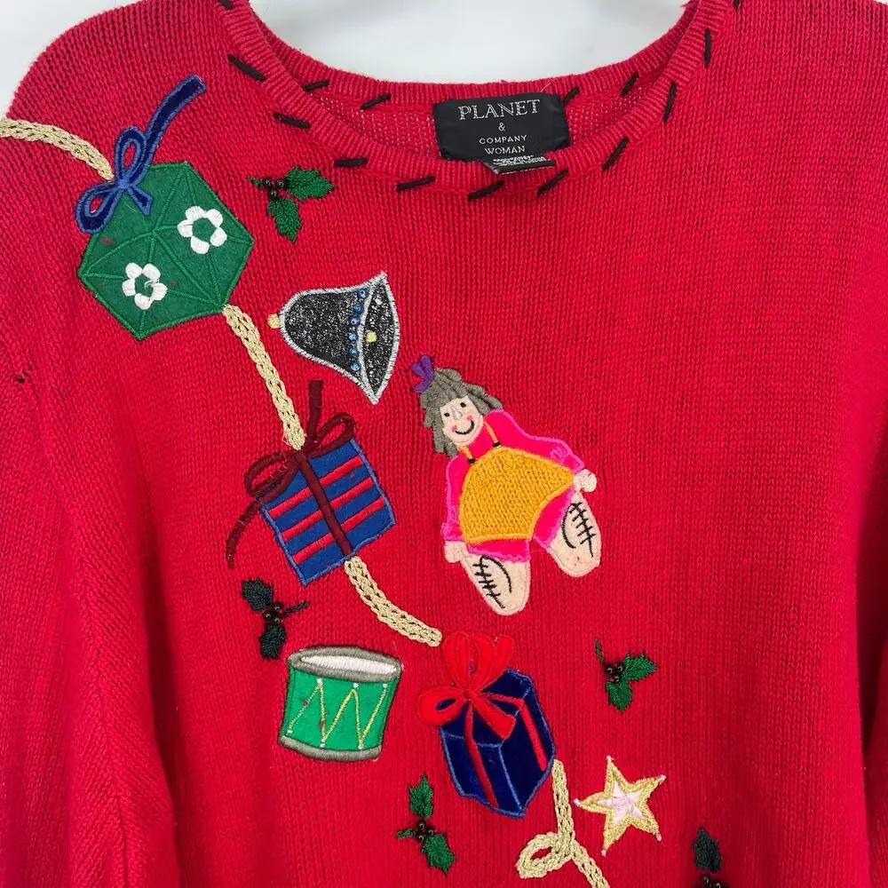 Vintage Red Christmas Sweater Embroidered Santa Toys Gifts Holiday Pullover
